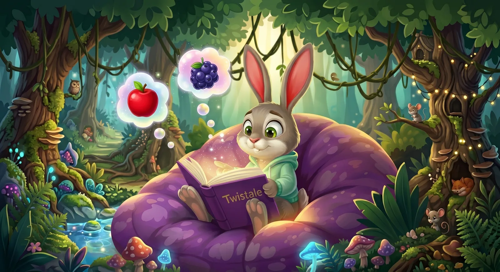 Twistale character Squeak thoughtfully chooses between options in an interactive, glowing storybook, learning decision skills.