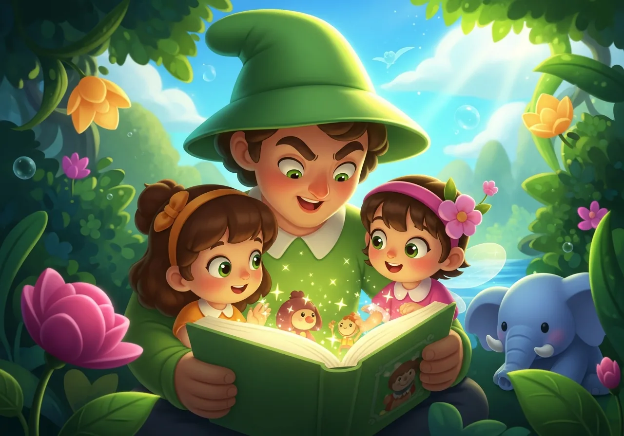 Parent dramatically reads a story with expressive faces to two children, vibrant magical sparkles emanating from the book.