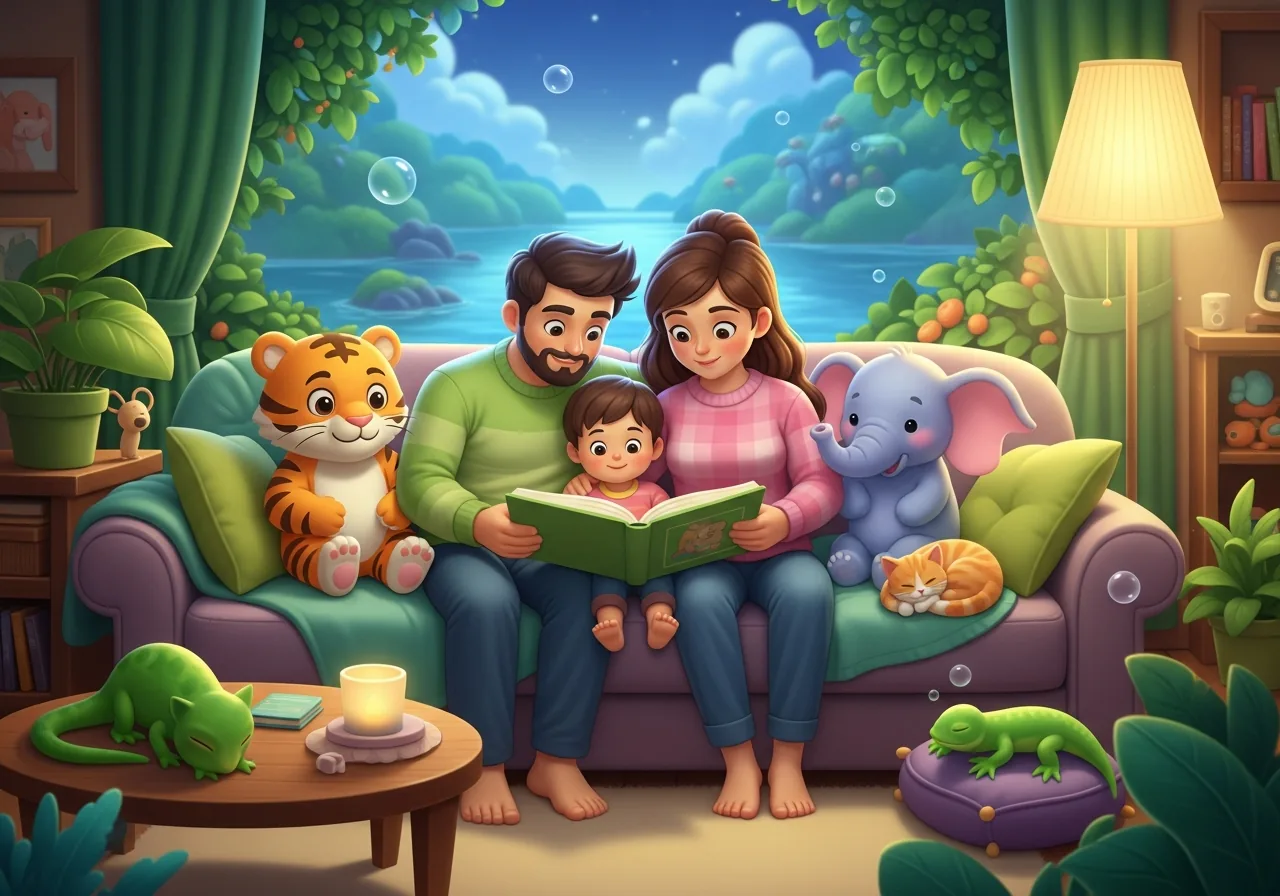 Family of three snuggled on a sofa, reading a storybook together in a warm, gently lit living room, cat asleep nearby.