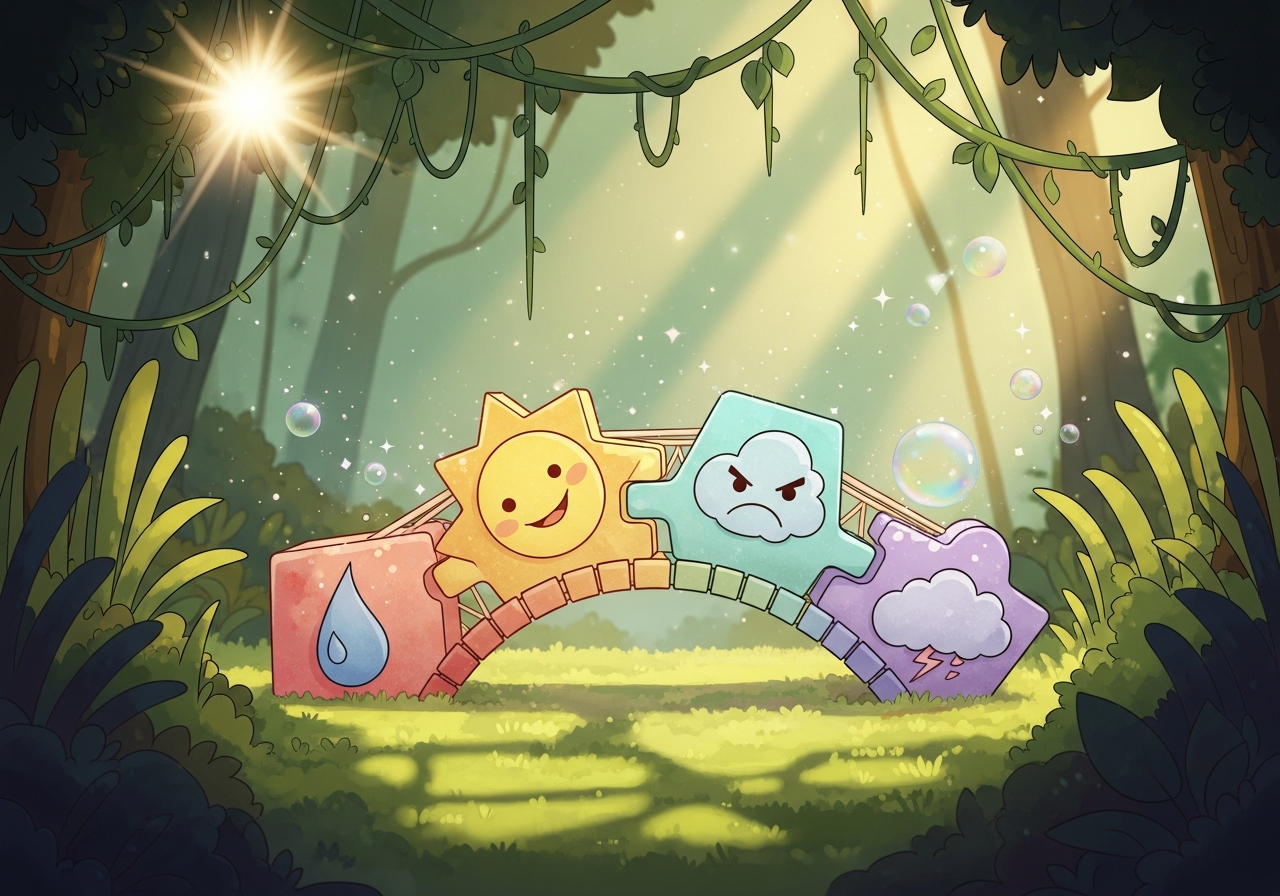 Whimsical, pastel-colored story blocks shaped like emotions (tear, sun, storm cloud) interlock on moss, forming a delicate bridge in dappled sunlight.