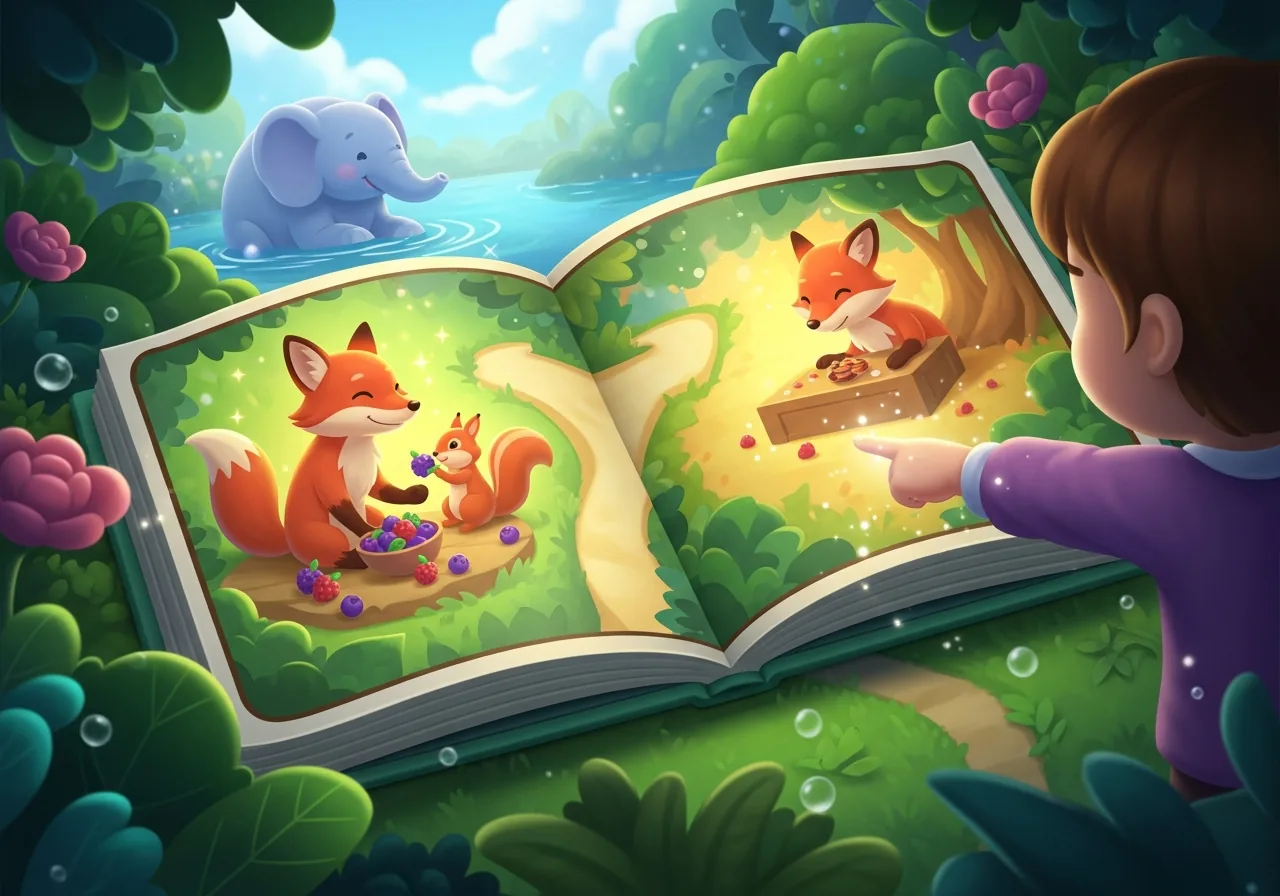 A child actively points at a choice in an interactive storybook, deciding if a friendly fox character shares berries or eats alone.