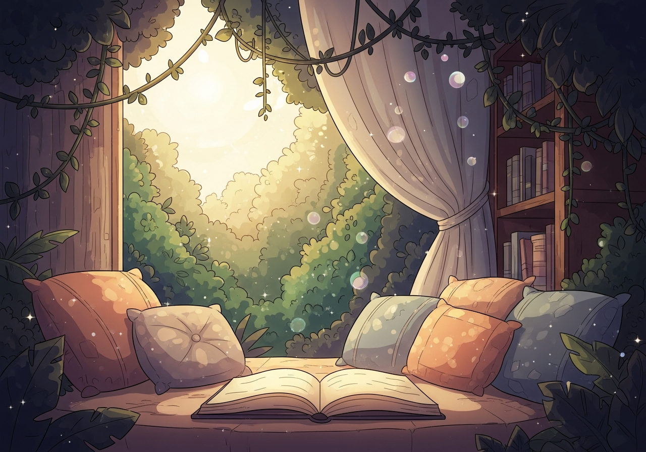 A serene, cozy reading nook with plush cushions and drapes. Warm light illuminates a half-open storybook, evoking calm and nurture.