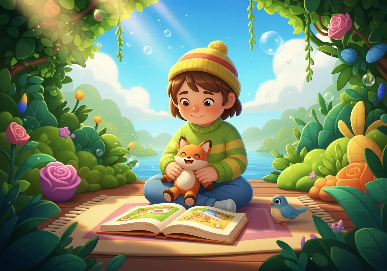 A child gently holds a plush character, smiling warmly after reading a book showing the positive outcome of a shared choice, fostering empathy.