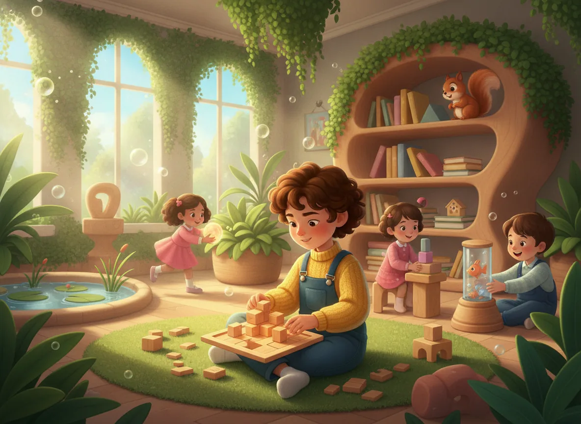 A focused child solving a puzzle in a busy classroom, demonstrating concentration and filtering distractions. A squirrel watches from a shelf.