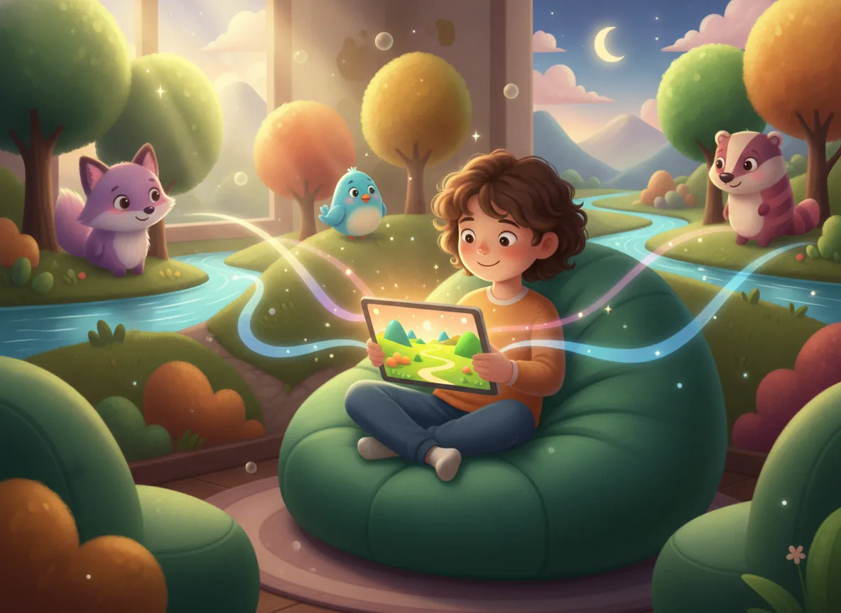 A child on a tablet in a cozy room, interacting with a story that visually branches into an imaginative landscape with forest creatures.