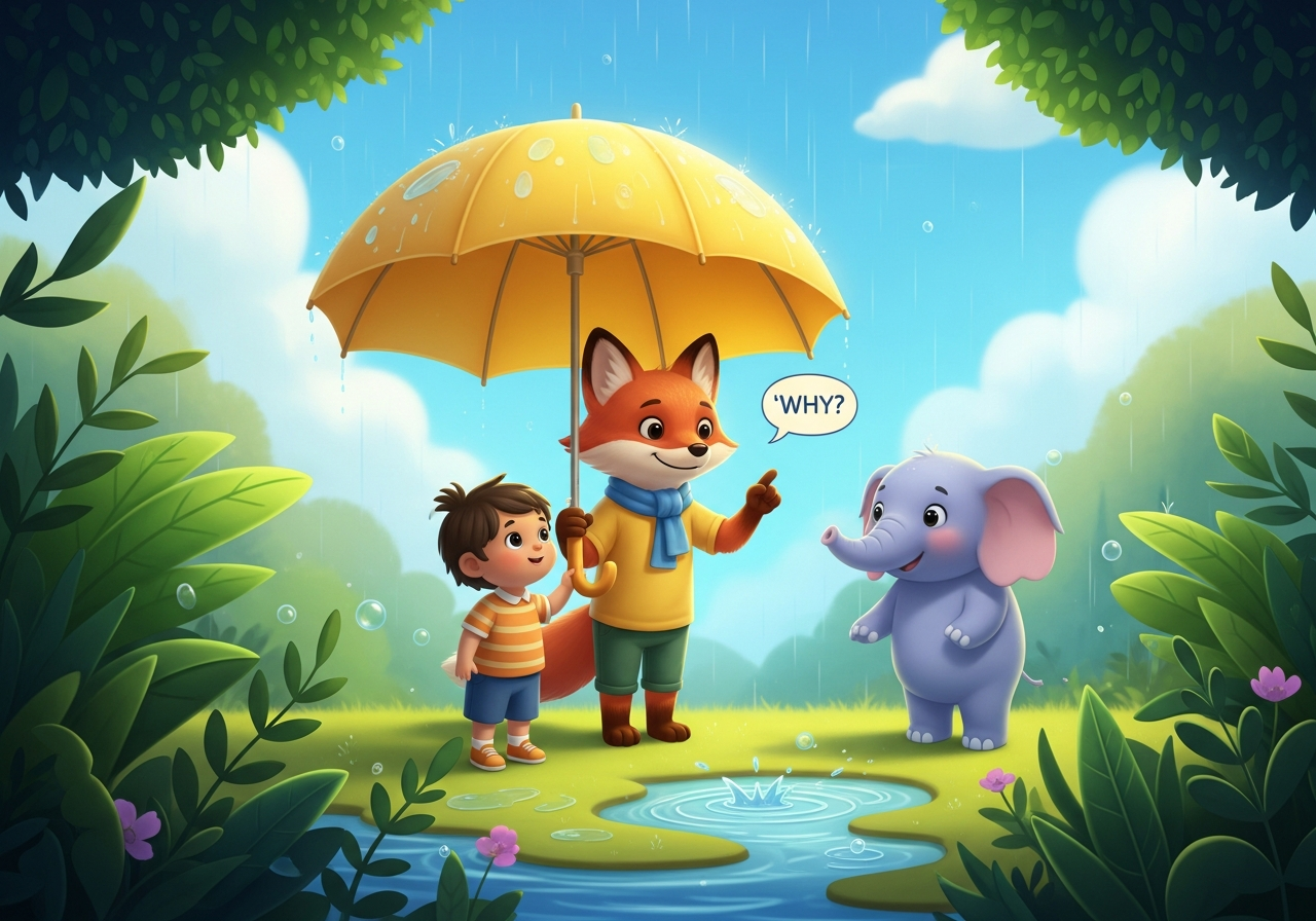 Child and fox under a yellow umbrella, discussing why it's raining and observing puddles, fostering daily critical thinking.