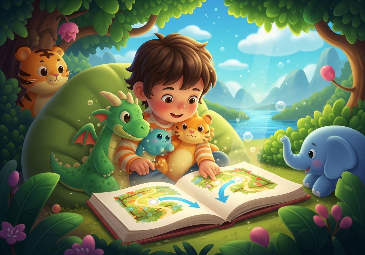 Child and friendly dragon plush deciding between two paths in an interactive storybook, symbolizing choice and critical thinking.