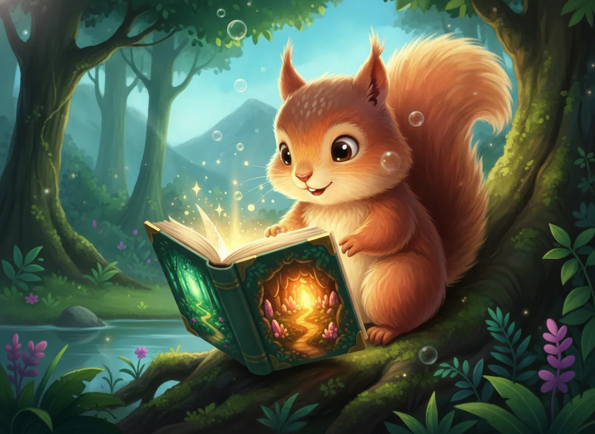 A squirrel child engaged with a choose-your-own-adventure book, its pages showing two magical narrative paths.