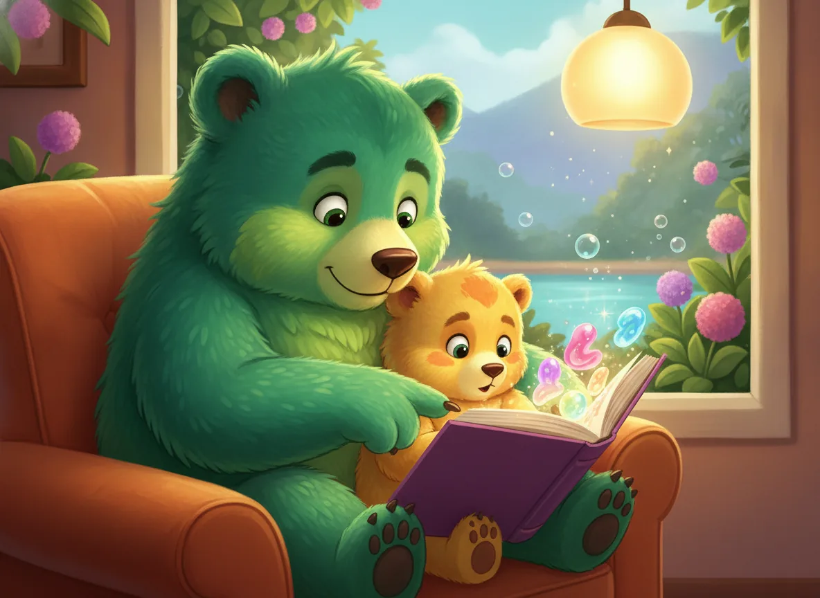 A bear parent and cub snuggled, reading an interactive story together, fostering focus and connection in a warm setting.