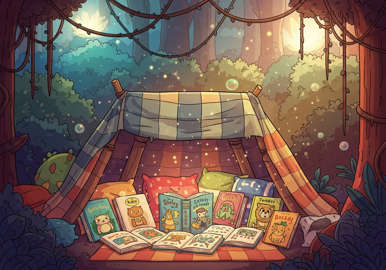 Cozy reading fort made of blankets and pillows, filled with open children's books, symbolizing an engaging and comfortable reading space.