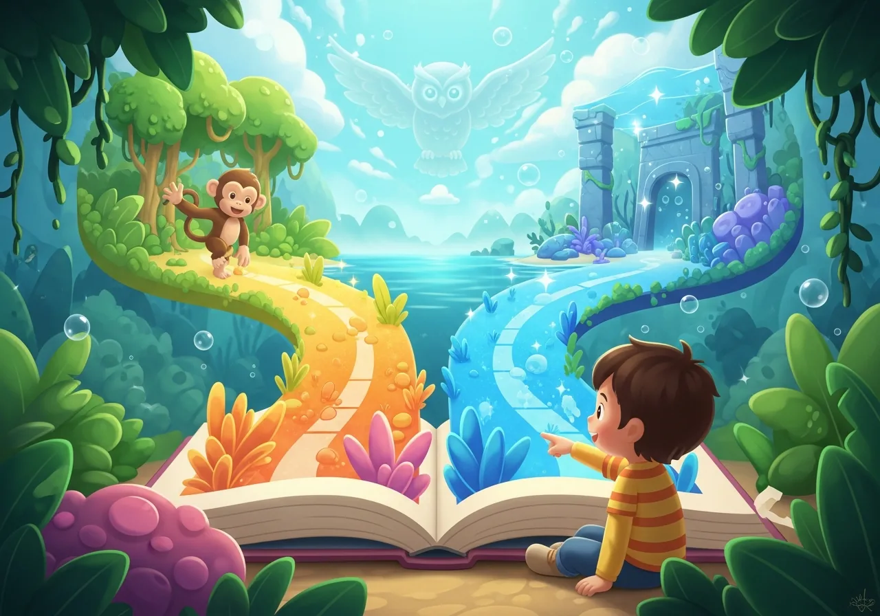 A child actively chooses between a jungle path and underwater ruins emerging from an interactive storybook, guided by a spectral owl.