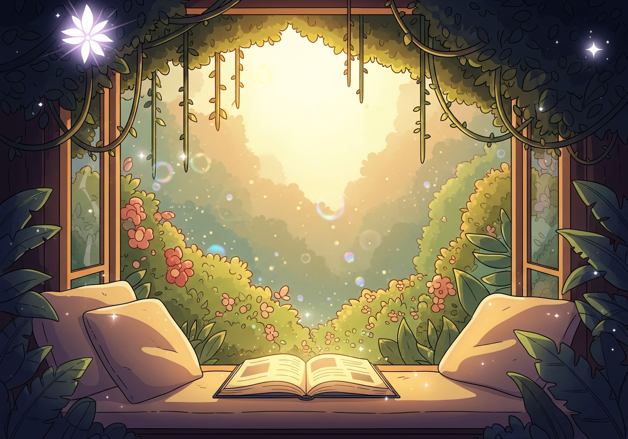 Sunlit window seat with an open children's book overlooking a blooming garden, symbolizing peace, accomplishment, and a love for reading.