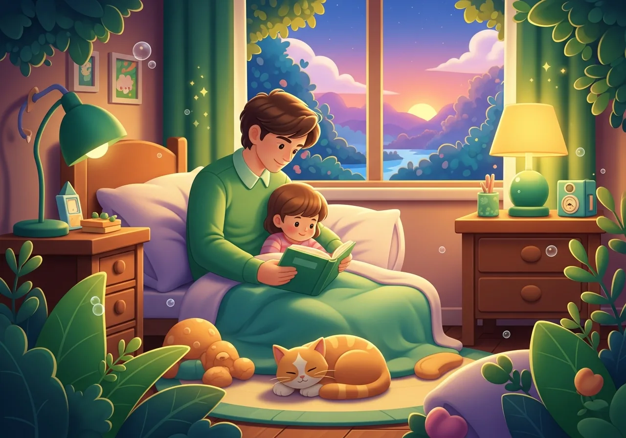 A parent reads a bedtime story to a child in a cozy bedroom with a sleeping cat, illustrating a consistent daily reading ritual.
