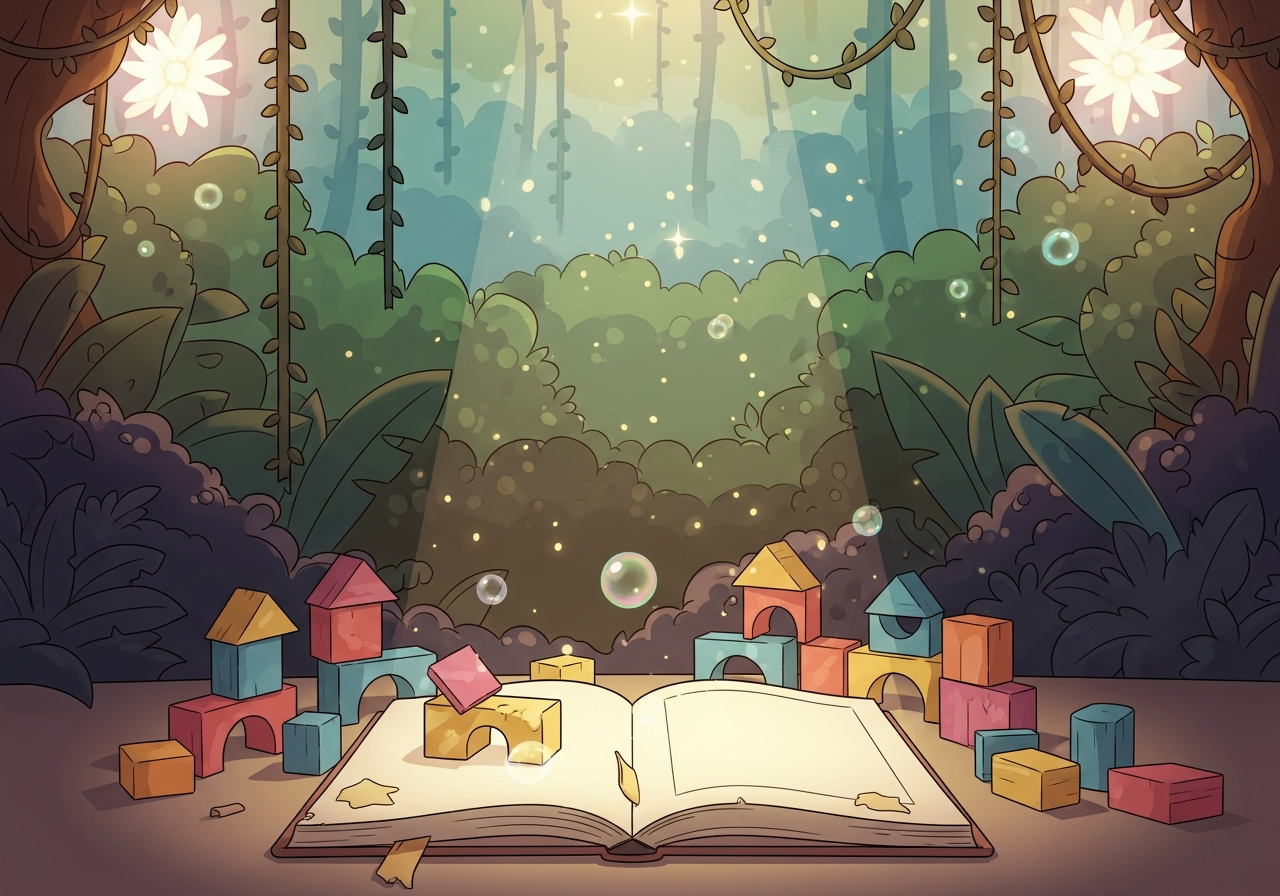Colorful wooden blocks, some toppled, surrounding an open journal illuminated by soft light, symbolizing learning from choices and consequences.