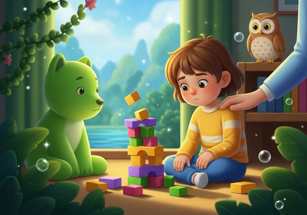 Child looking disappointed next to collapsed block tower with a comforting hand and an owl, symbolizing navigating setbacks.
