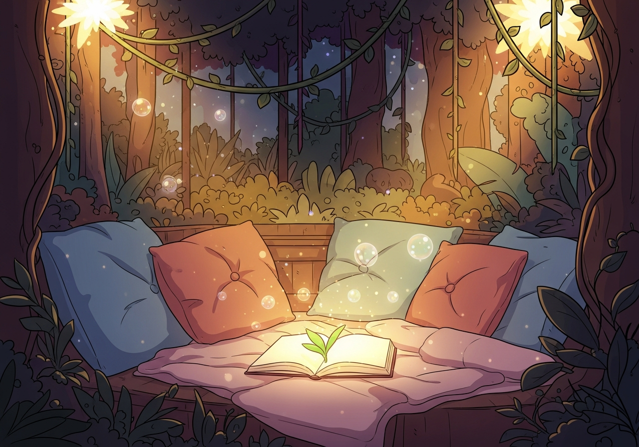 Cozy reading nook with soft cushions, warm golden light, and an open book, symbolizing peaceful reflection and continuous emotional growth.