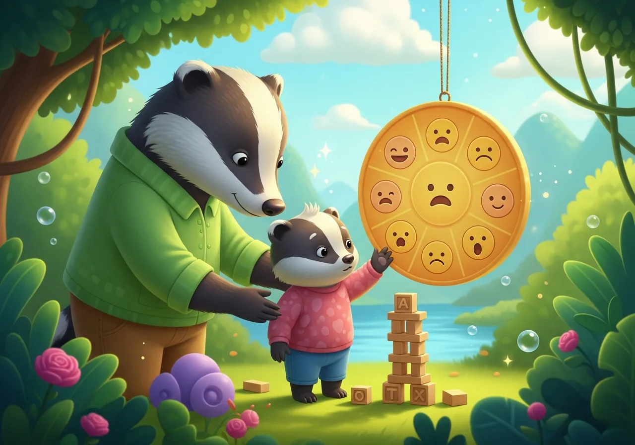 Badger parent helps child identify emotions using a visual chart after a setback, teaching emotional literacy and resilience.