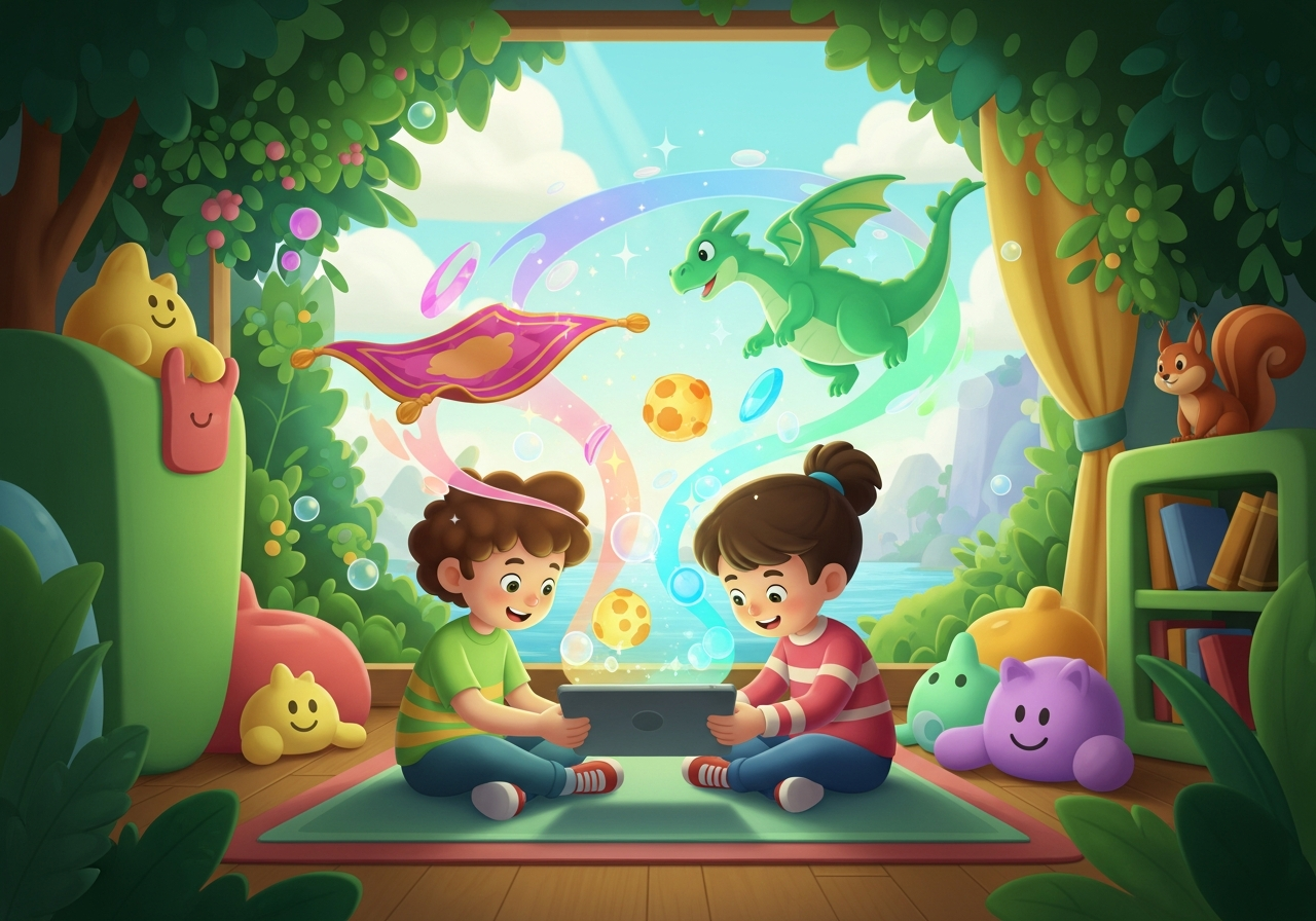 Children engage with interactive digital storytelling, as vibrant characters and scenes float magically from a tablet into their room.
