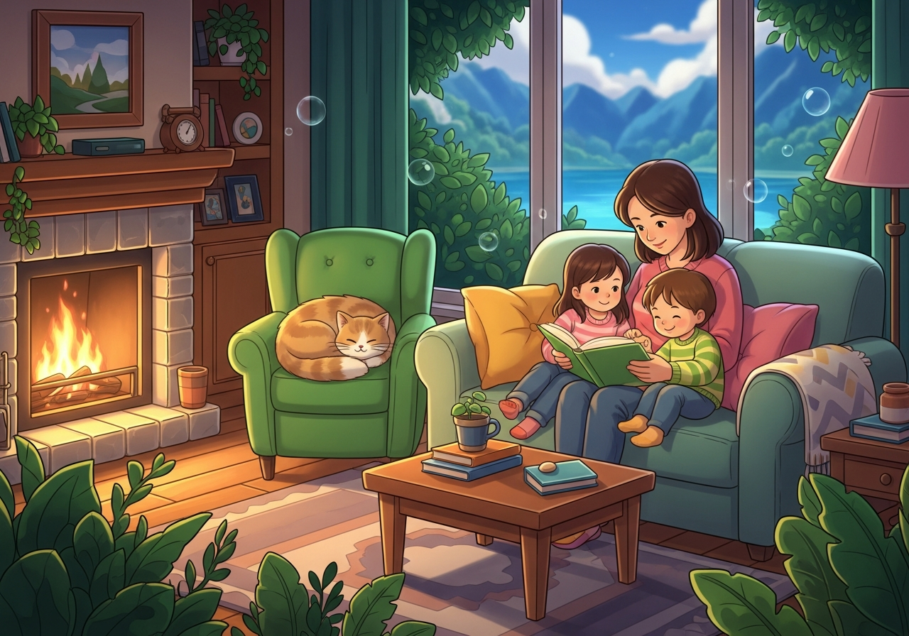 A parent reads a cultural storybook to two children in a cozy, firelit living room, fostering family connection and heritage.