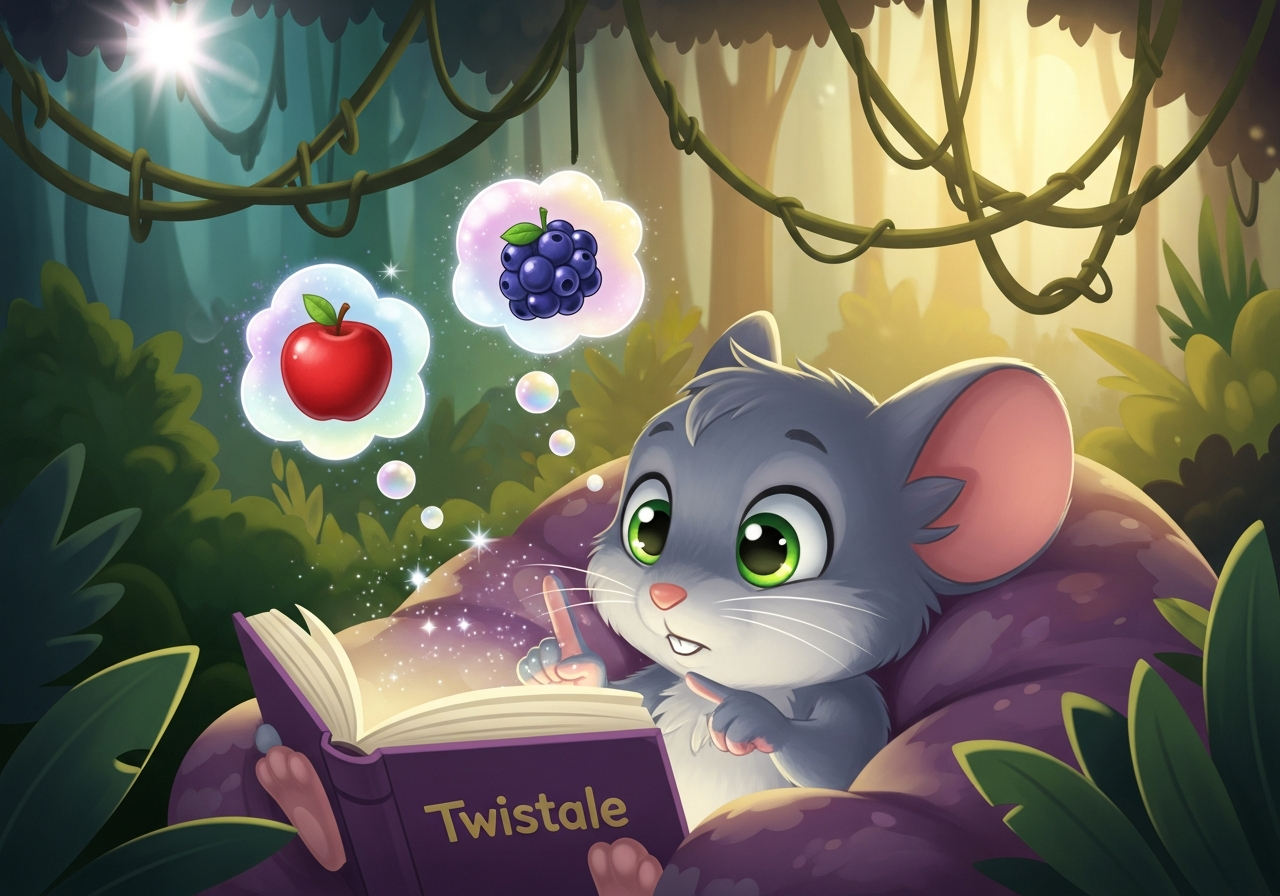 Twistale character Squeak thoughtfully chooses between options in an interactive, glowing storybook, learning decision skills.