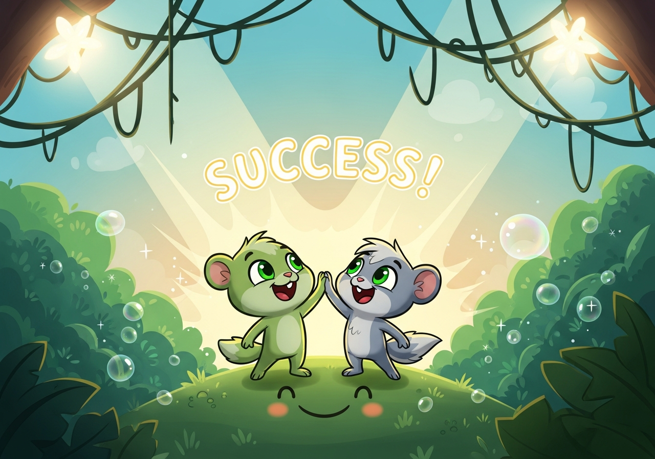 Twistale characters Pip and Squeak high-five with confident smiles on a hill, celebrating successful decisions.