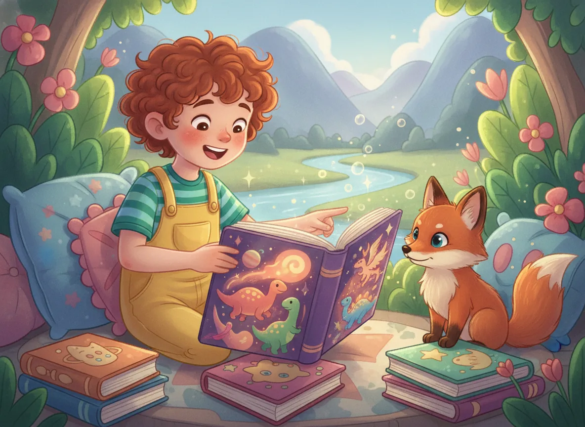 A joyful child surrounded by colorful books about dinosaurs and space, pointing excitedly, with a playful fox cub nearby in a bright reading corner.