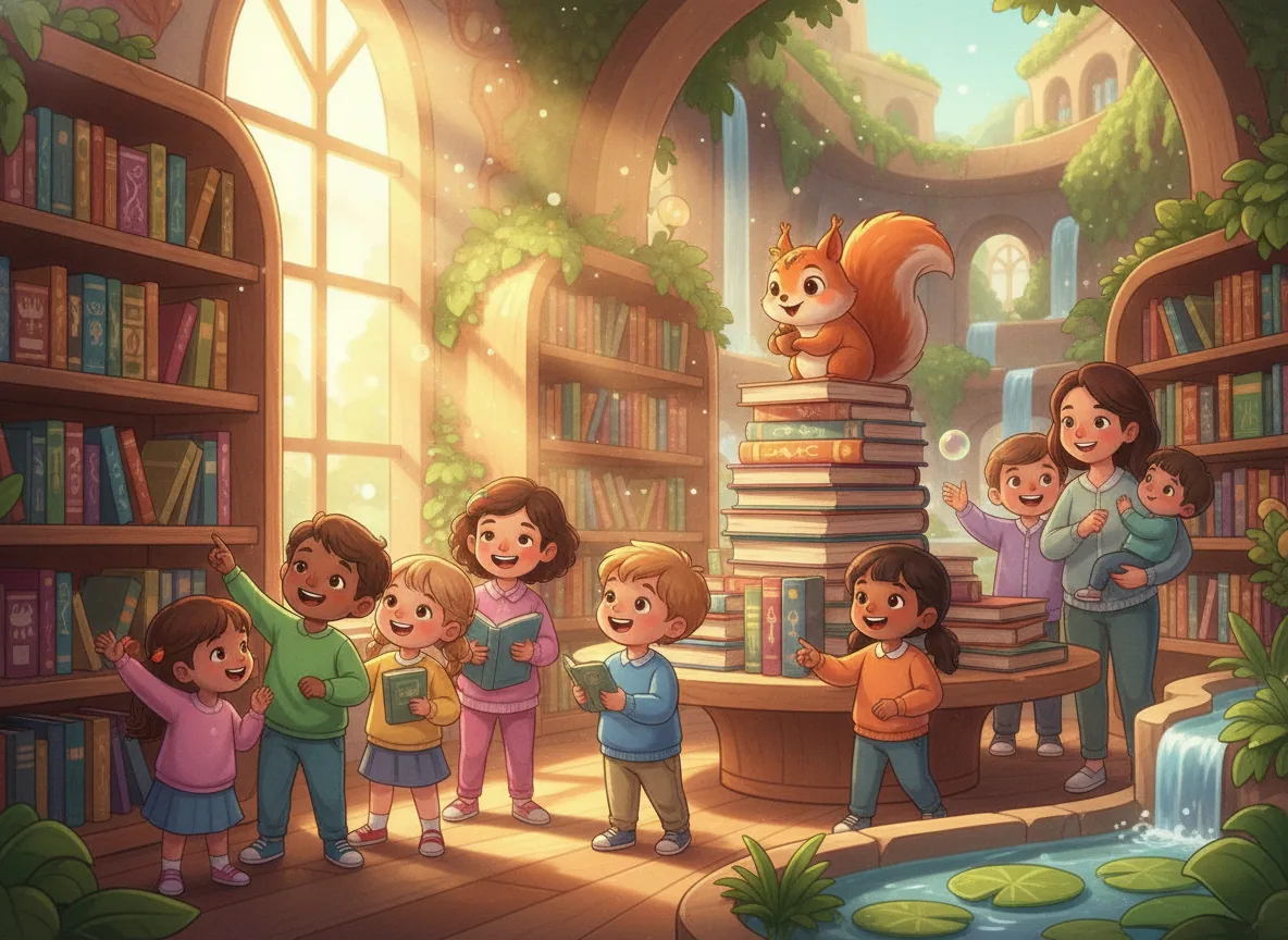 Diverse children and parents cheerfully exploring vibrant shelves of bilingual books in a sunlit community library, with a friendly squirrel peeking.
