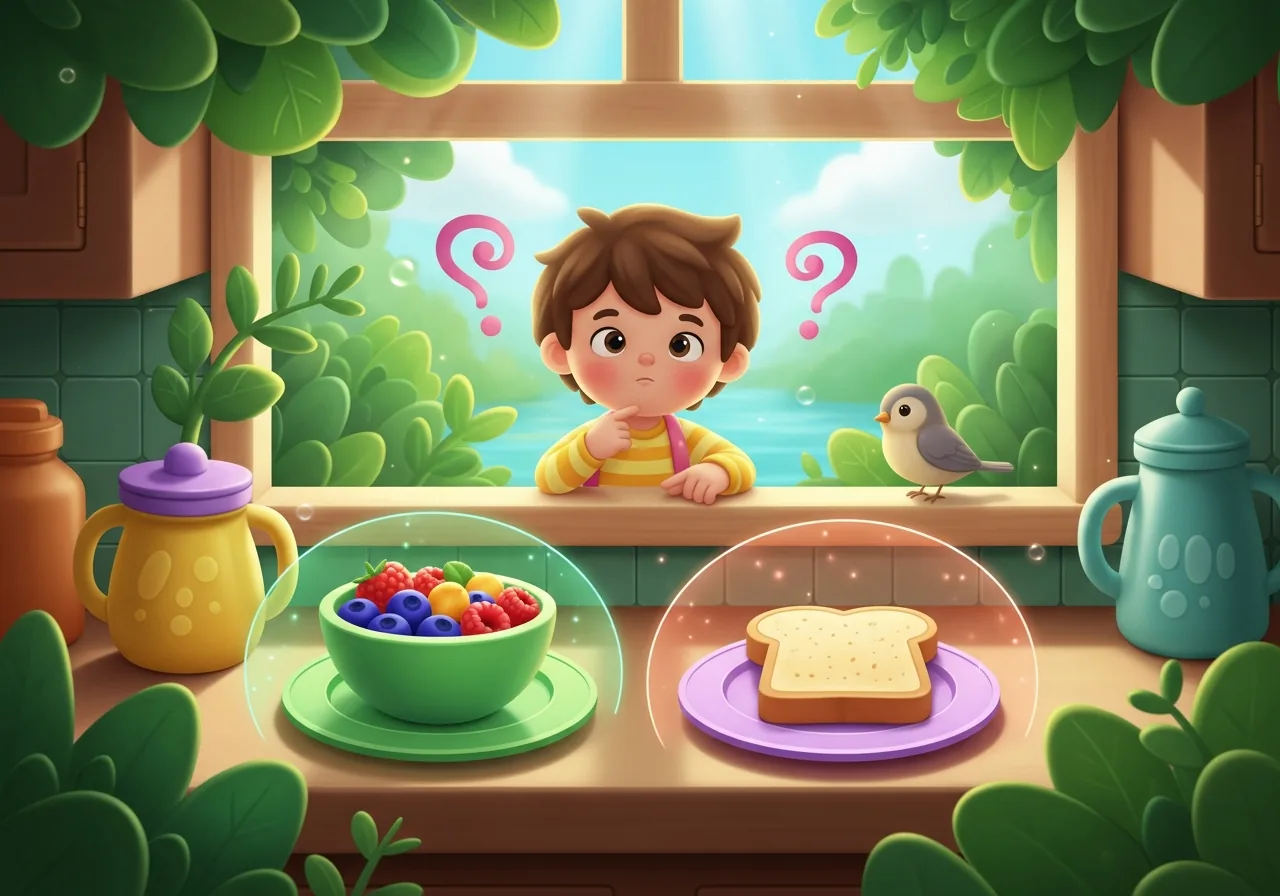 Preschooler thoughtfully chooses between colorful berries or toast for breakfast in a cozy kitchen, demonstrating limited, age-appropriate choices.