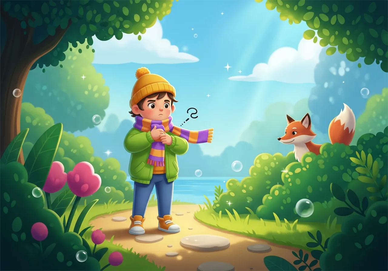 Child in a park thoughtfully adjusting a scarf on a cool day, demonstrating problem-solving and resilience from making choices.