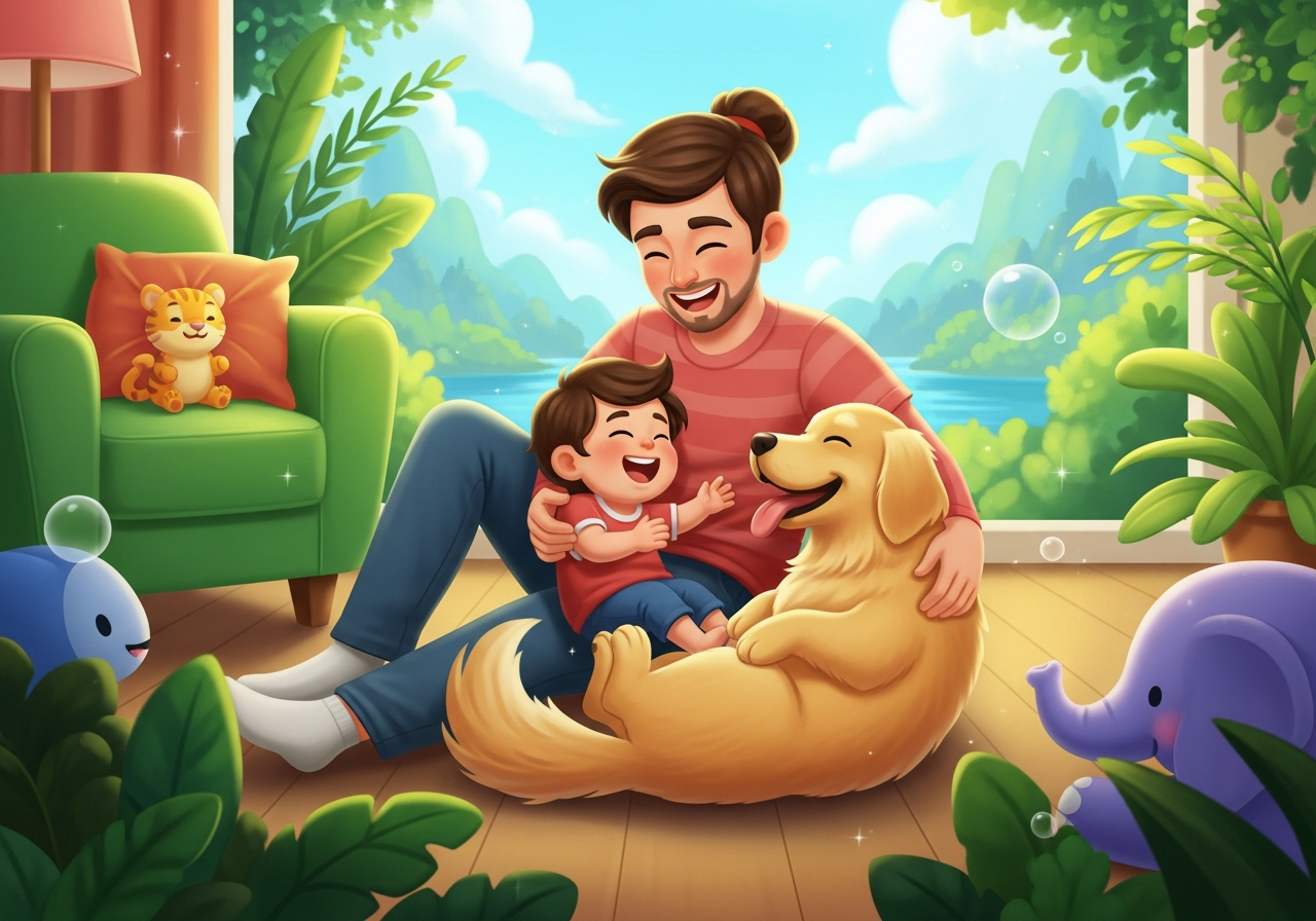 Parent and child joyfully playing with a golden retriever on the floor, highlighting strong connection, play, and unconditional affection.