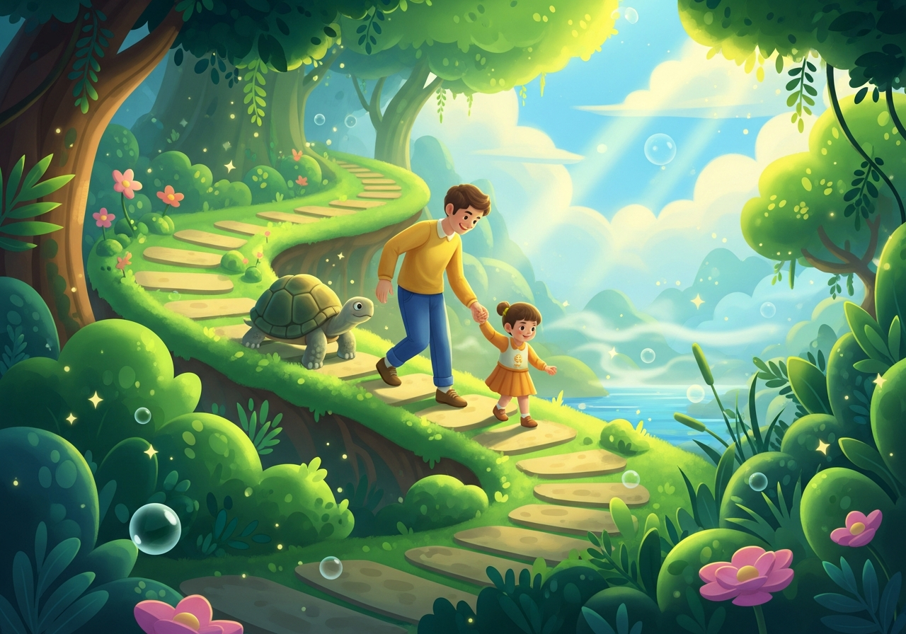 Parent and child with a turtle gently climbing a winding forest path, symbolizing patience, perseverance, and growth in parenting.