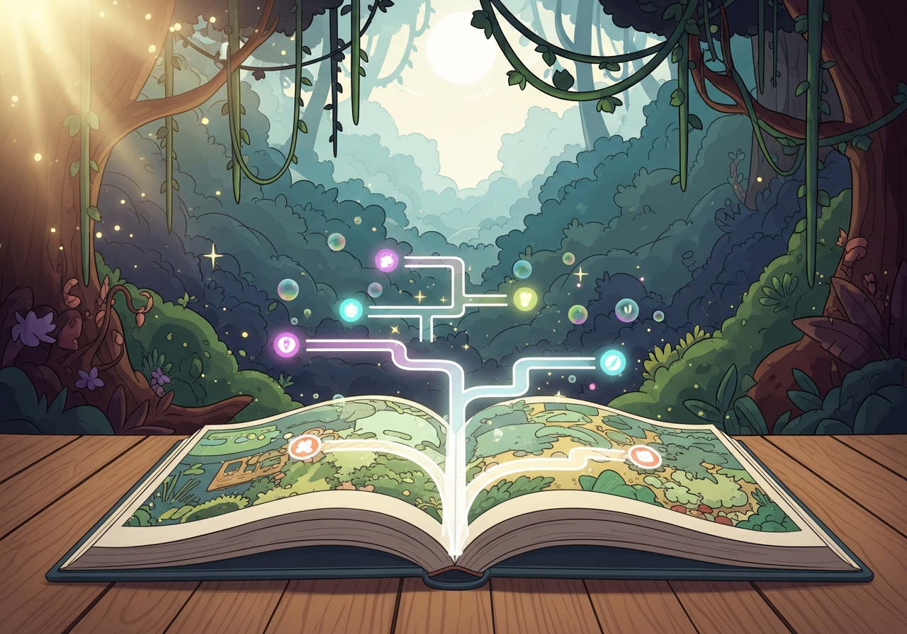 An open storybook with luminous, branching pathways emerging from its pages, symbolizing story choices.