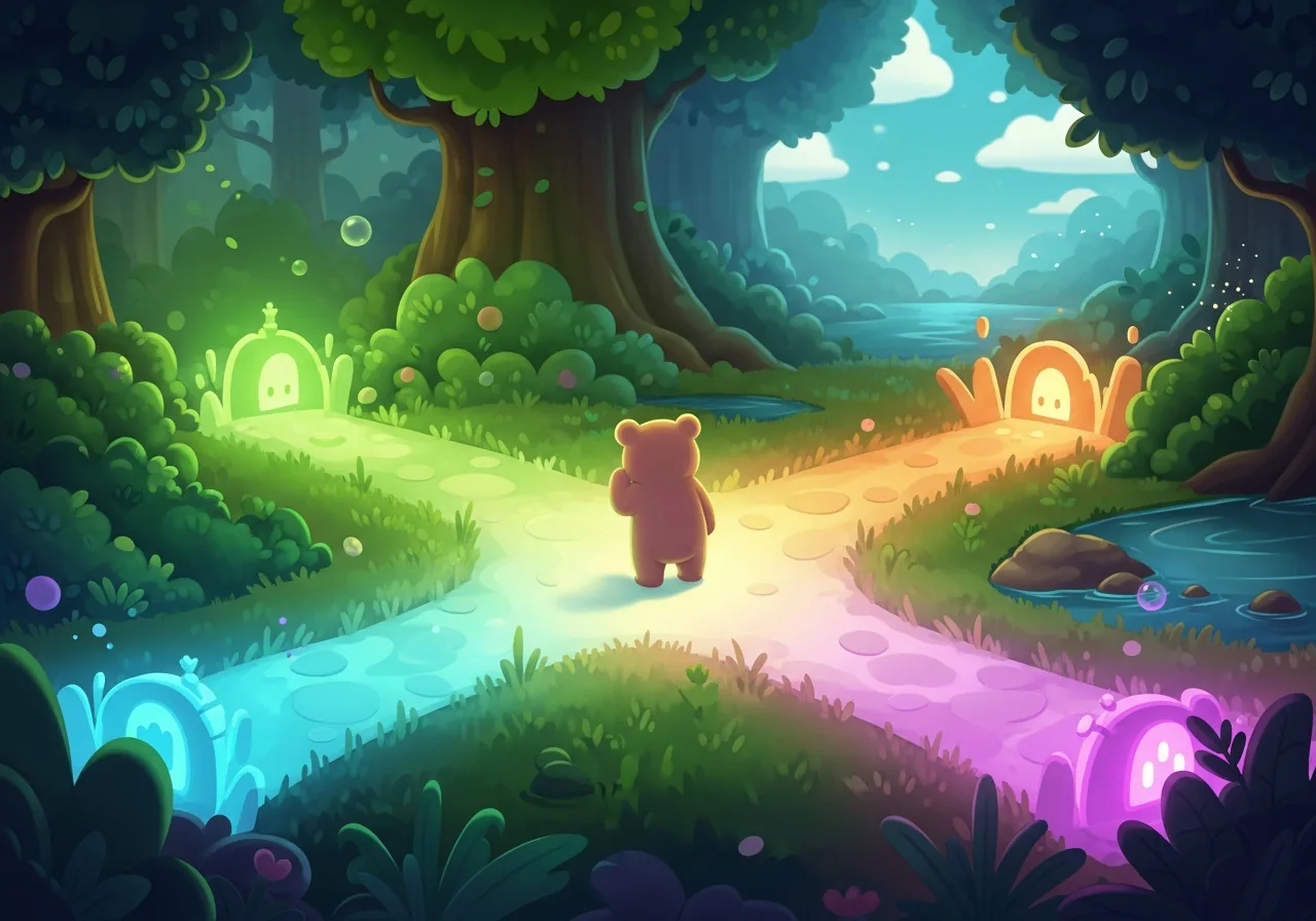 A young bear at a storybook crossroads, contemplating two glowing paths representing narrative choices in an interactive story.