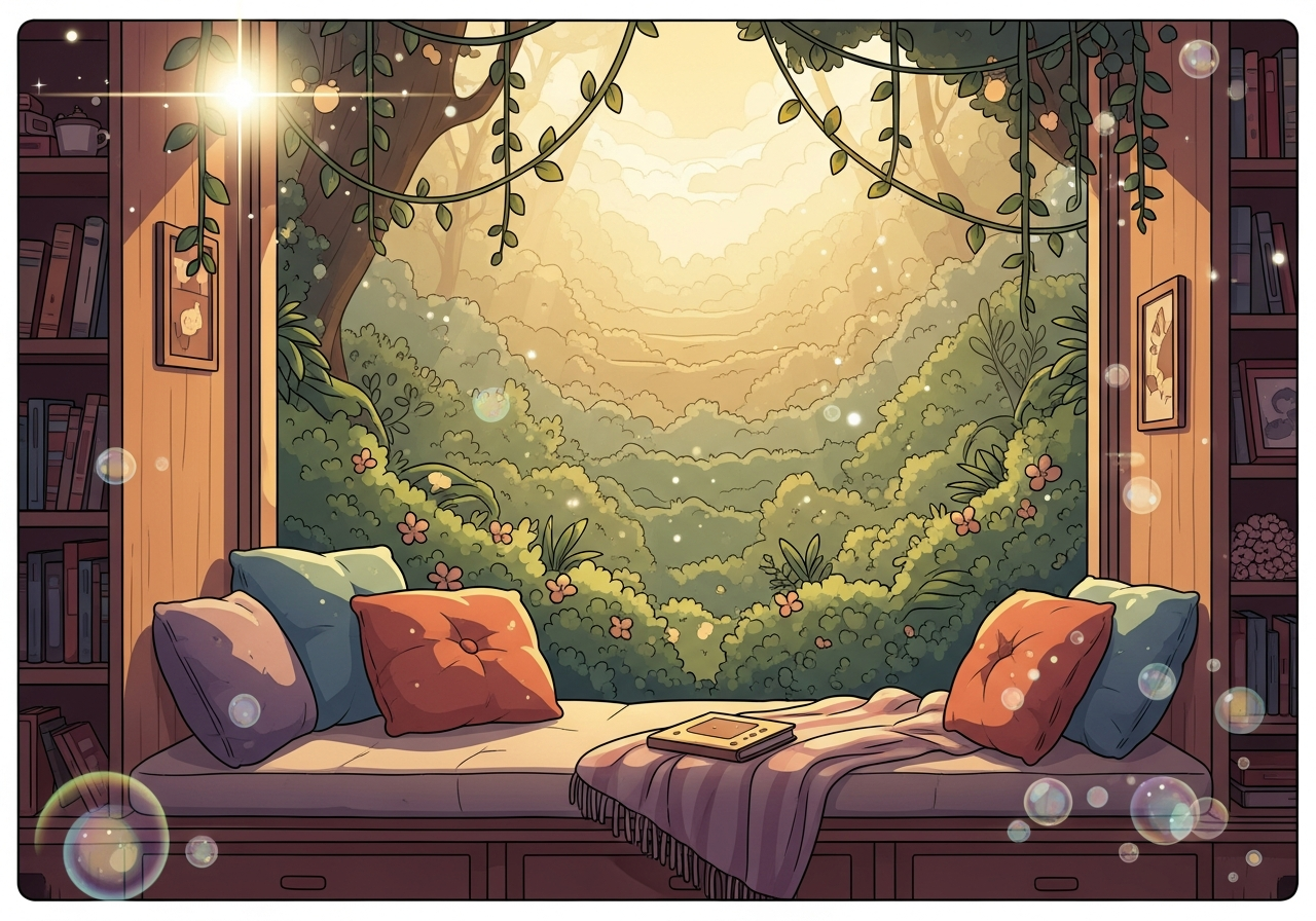 A cozy, sunlit reading nook with plush cushions, a soft blanket, and a window overlooking a blooming garden.