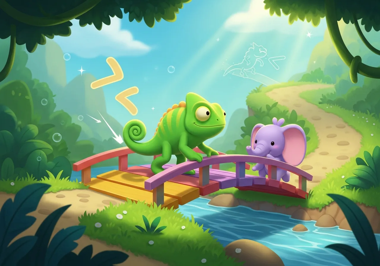 A cheerful chameleon confidently crossing a bridge, with faint ghosted failed paths, showing learning from mistakes.
