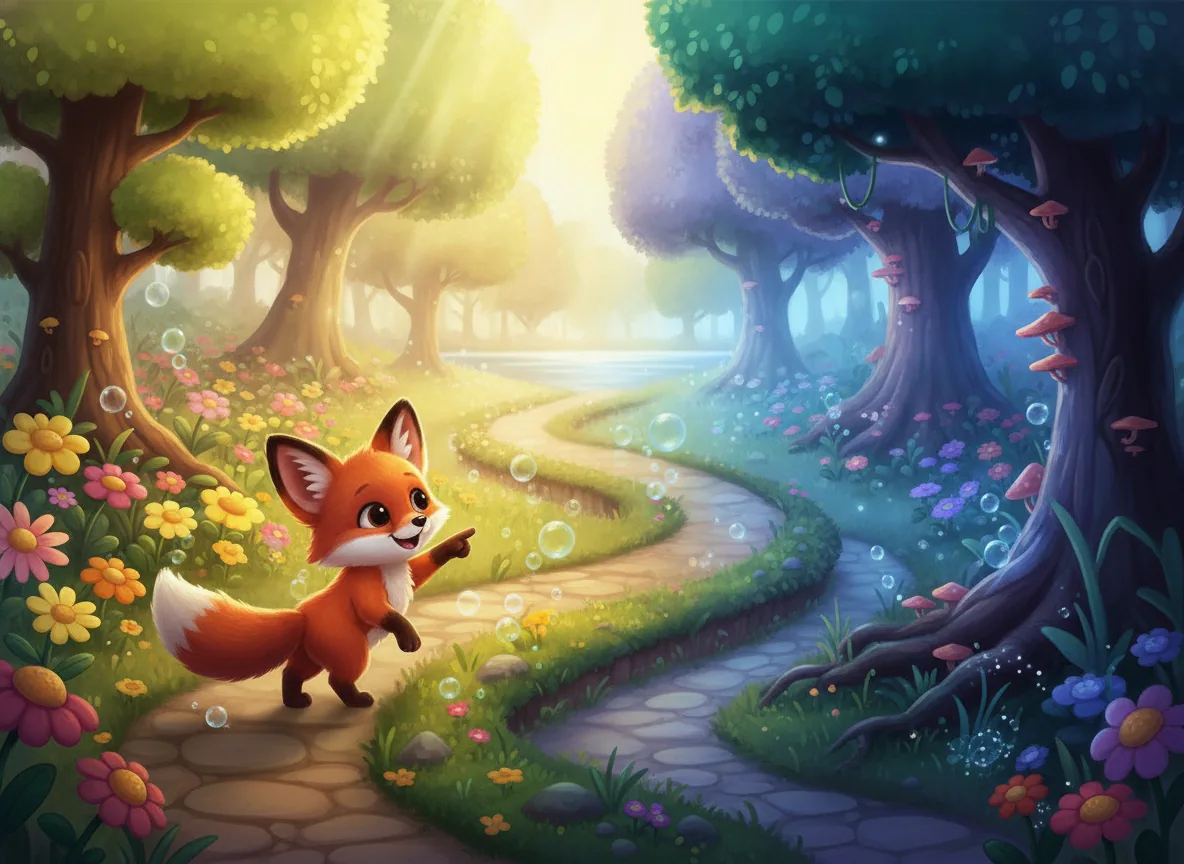 A curious fox cub points at a whimsical storybook crossroads with two paths, symbolizing active choice in interactive storytelling.