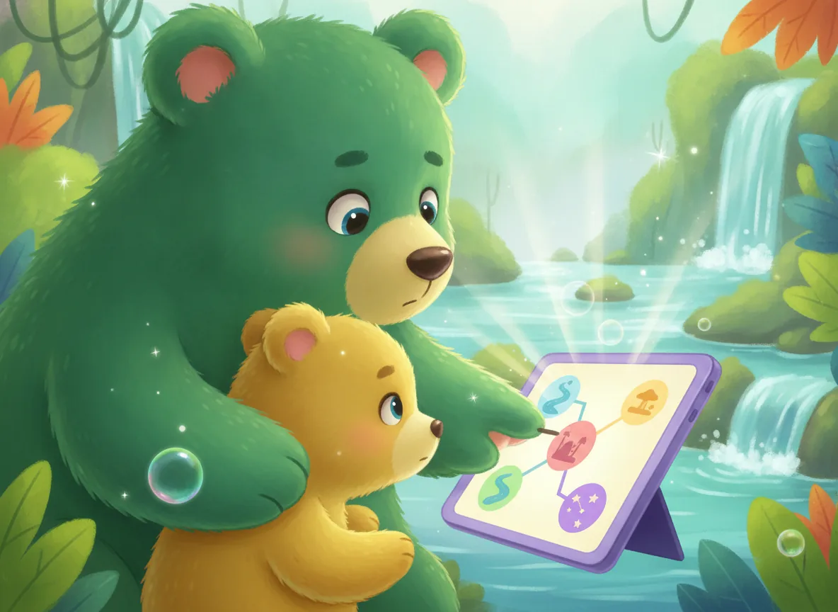 A parent bear and cub discuss choices on a tablet displaying a branching story, illustrating guided interactive learning.