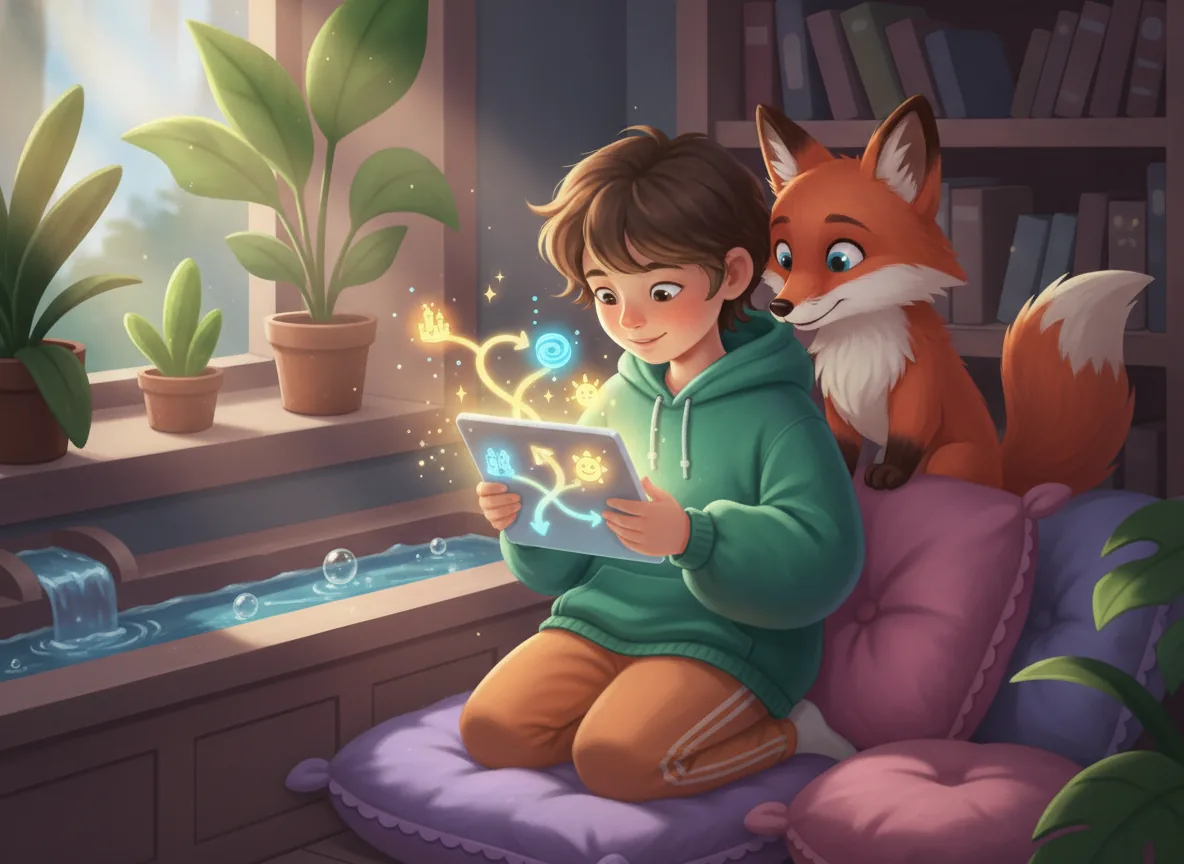 A child and a fox engaging with a tablet showing interactive story choices, representing the journey from reader to writer.