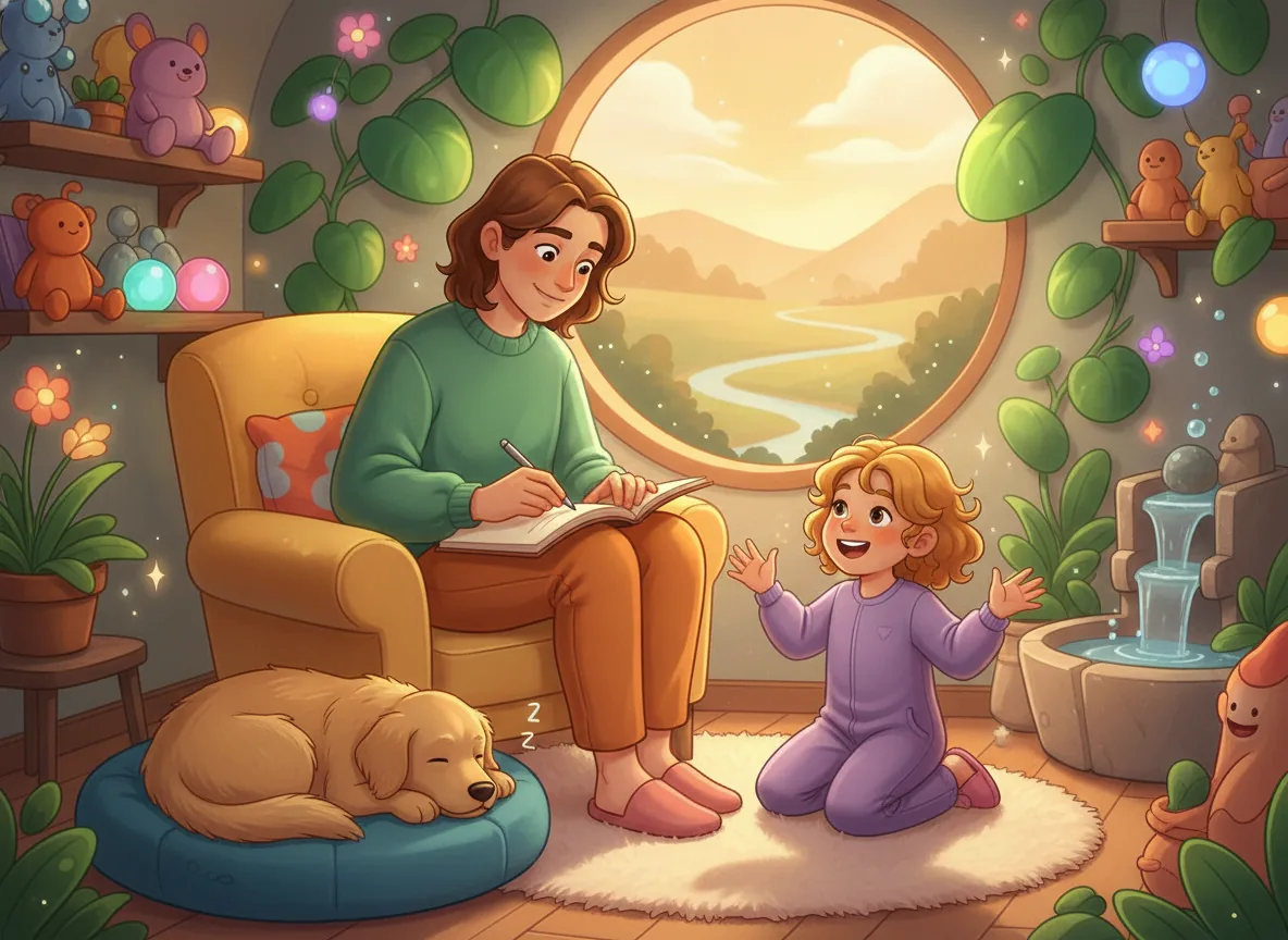 A parent scribing a story told by an excited young child in a warm living room, celebrating creative writing and effort.