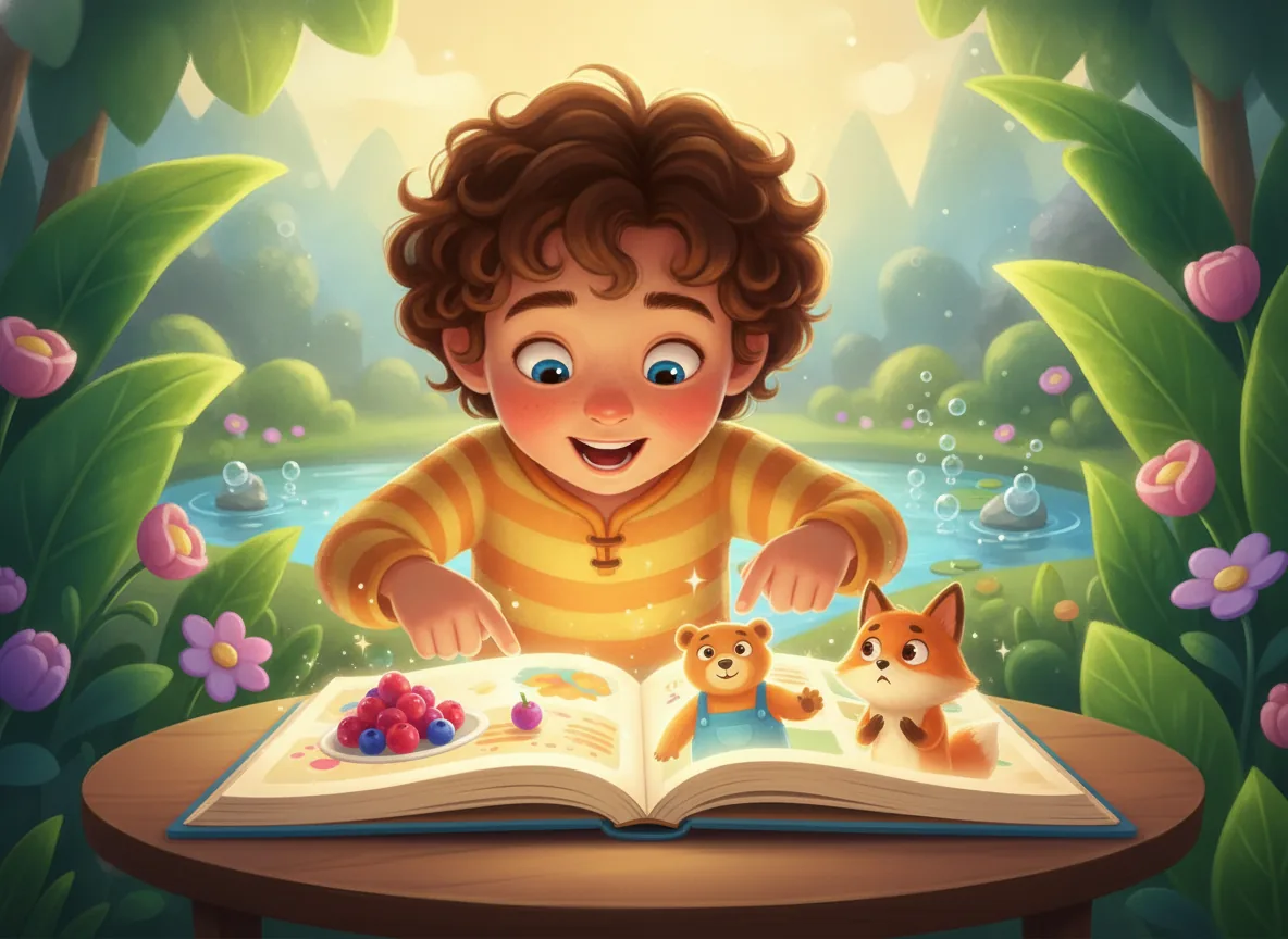 Child enthusiastically points at an interactive storybook, making a choice for a bear character, illustrating decision-making.