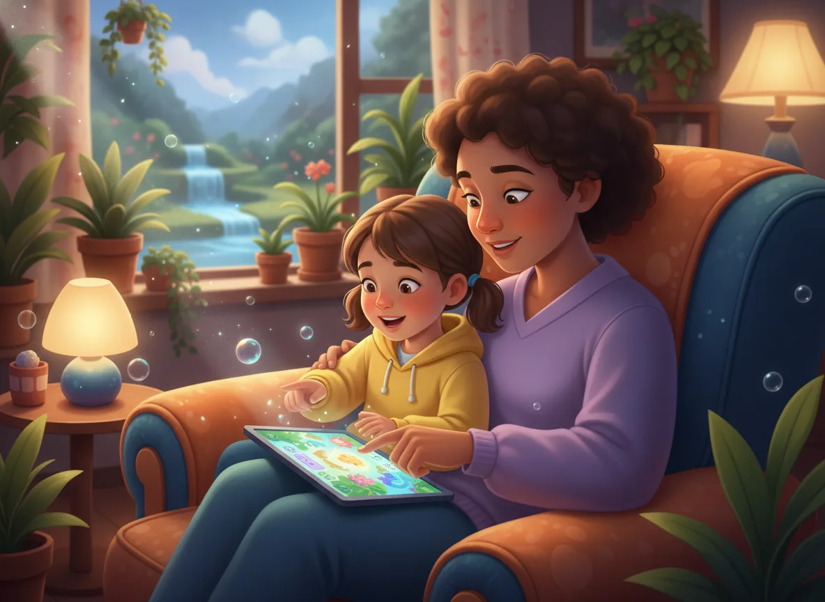 Parent and child discuss an interactive story on a tablet in a cozy living room, fostering critical thinking and connection.