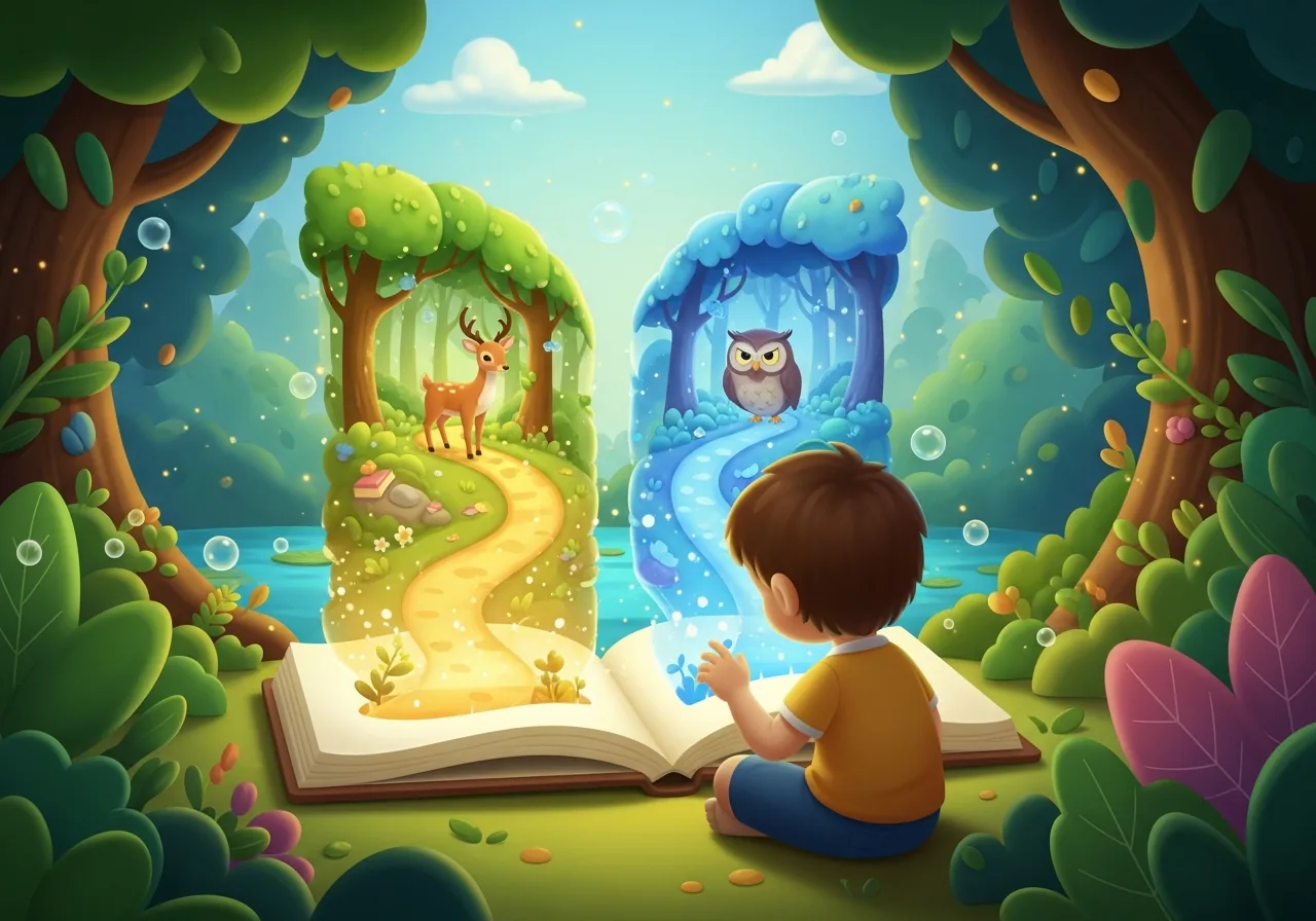 A child chooses between two magical story paths, demonstrating decision-making in an interactive book.