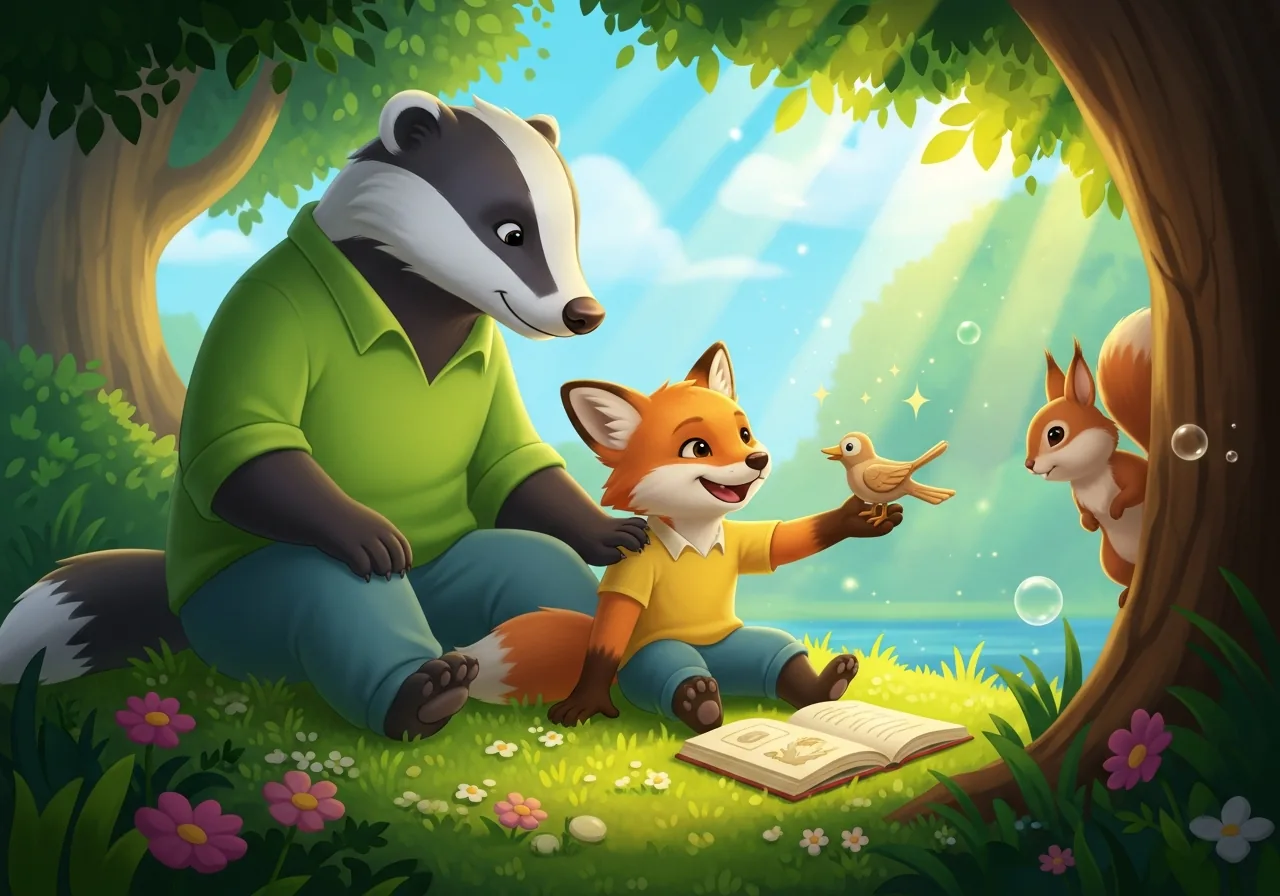 A child confidently applies social skills learned from a story, sharing a toy with a shy friend, guided by a parent.