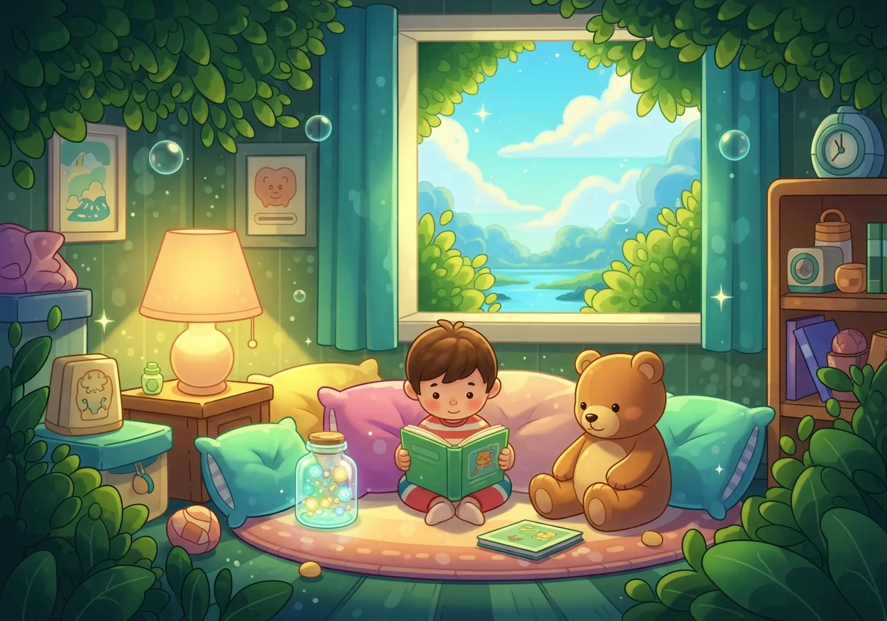 Child in a 'Calm Down Corner' with a teddy bear, surrounded by calming items. Emotional regulation tools.