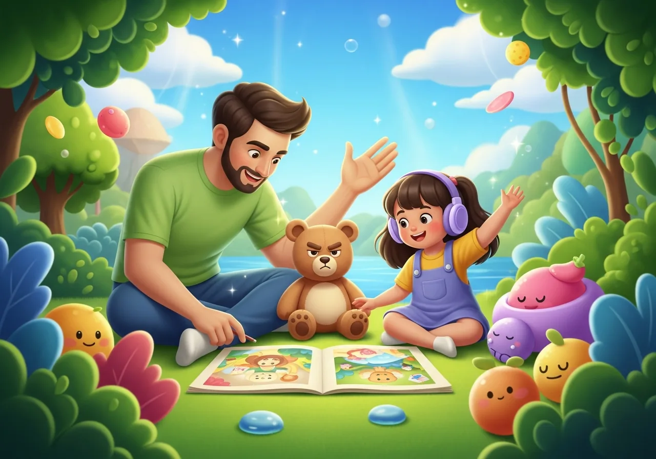 Parent and child co-creating an interactive story with a grumpy bear toy, teaching emotional mastery.