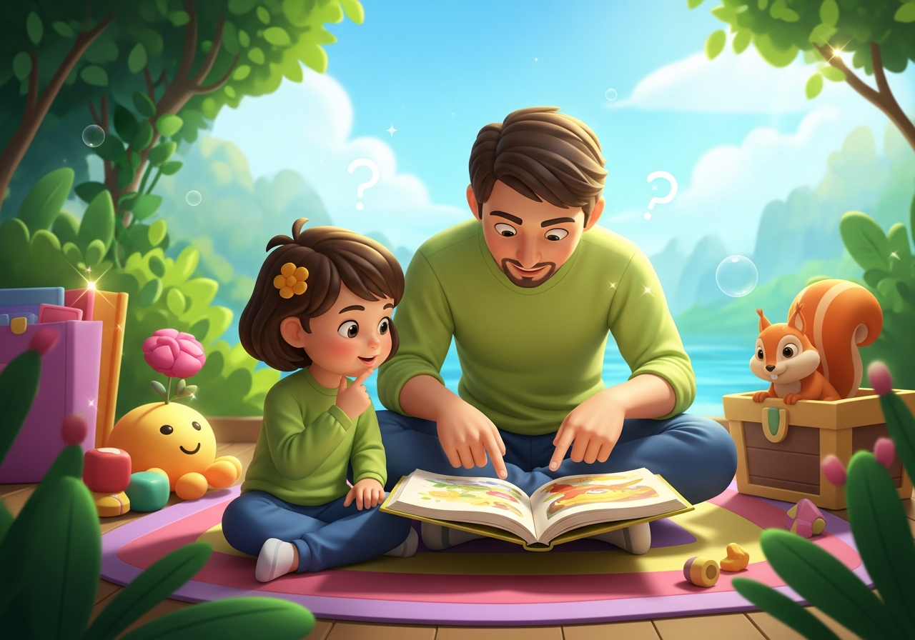 Parent and child interact during storytime, parent asking questions, child thinking, a curious squirrel nearby. Interactive language learning.