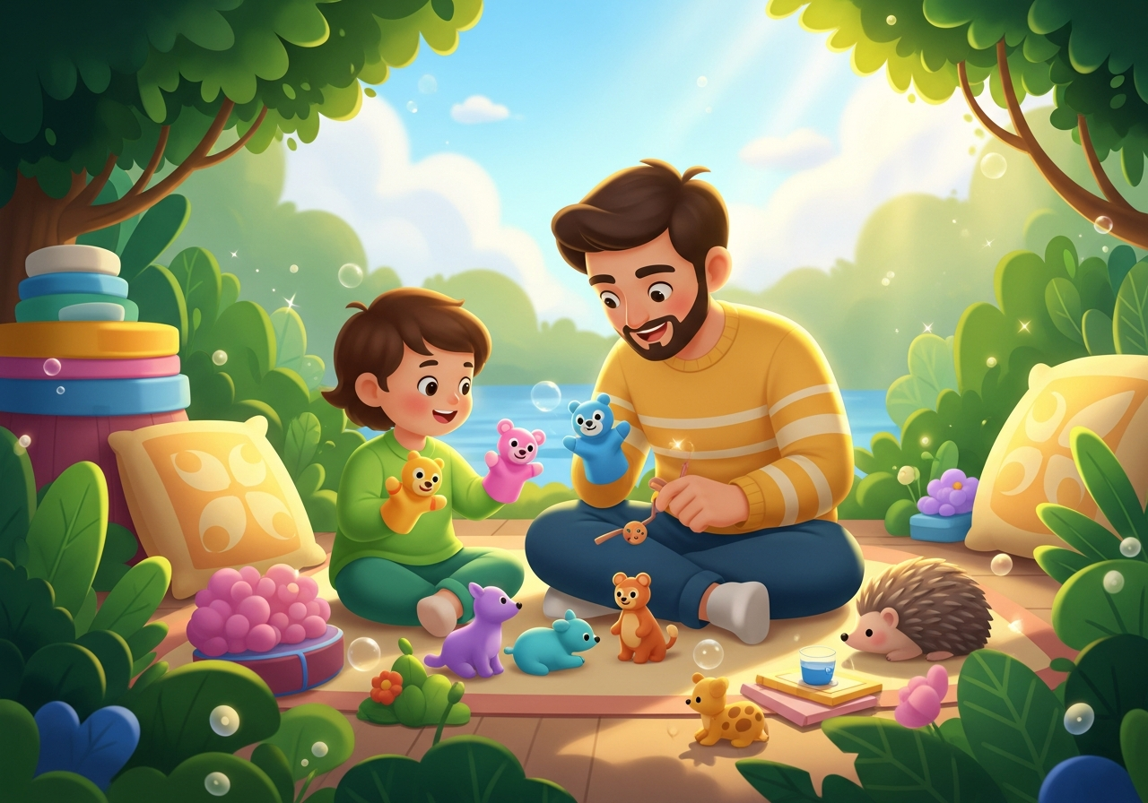 Parent and child invent stories with hand puppets and animal figurines on the floor, soft light. Integrating heritage language through play.