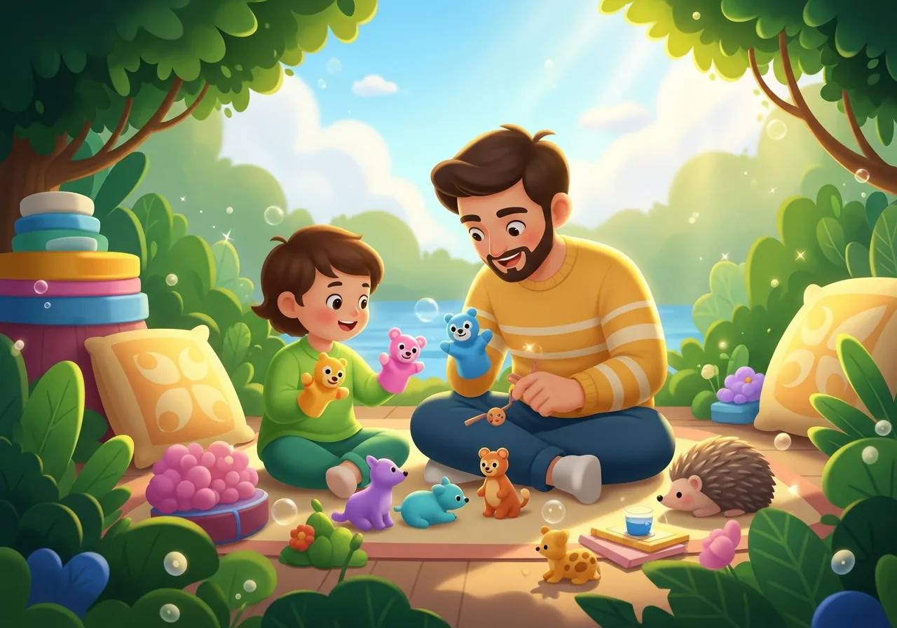 Parent and child invent stories with hand puppets and animal figurines on the floor, soft light. Integrating heritage language through play.