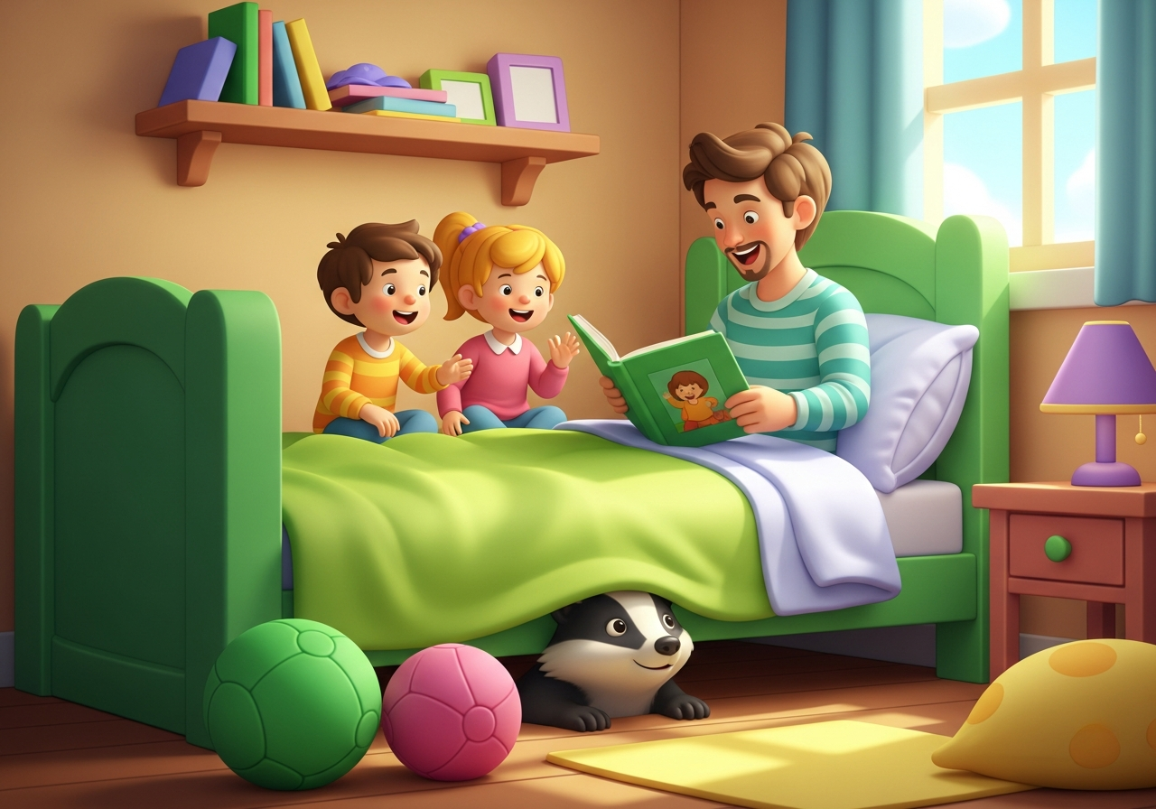 A parent reads animatedly to two children in a bedroom. A badger peeks from under the bed, listening. Interactive storytelling.