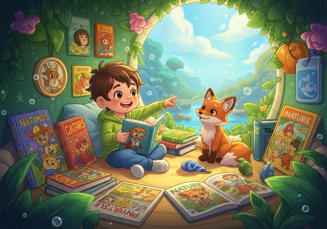A joyful child in a reading nook with chosen graphic novels, comics, and magazines. A fox cub nearby. Empowering reading choice.